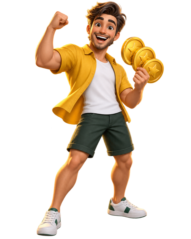 Cheerful Joe Fortune mascot holding gold coins